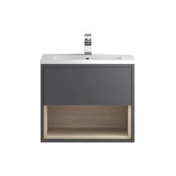 Hudson Reed Coast 600mm Wall Mounted Vanity Unit with Open Shelf & Basin - Grey Gloss/Driftwood