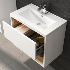 Hudson Reed Coast 500mm Wall Mounted Vanity Unit with Open Shelf & Basin - Gloss White/Coco Bolo -Wall Hung Vanity Units Shop A BM COWCB 5WMV D1 460 4