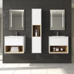 Hudson Reed Coast 600mm Wall Mounted Vanity Unit with Open Shelf & Basin - Gloss White/Coco Bolo -Wall Hung Vanity Units Shop A BM COWCB 5WMV D2 460 4