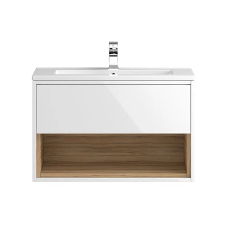 Hudson Reed 800mm Wall Mounted Vanity Unit with Open Shelf & Basin - Gloss White/Coco Bolo 3 Hudson Reed 800mm Wall Mounted Vanity Unit with Open Shelf & Basin - Gloss White/Coco Bolo