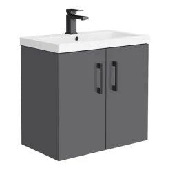 Apollo2 605mm Gloss Grey Wall Hung Vanity Unit w. Matt Black Handles