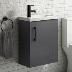 Apollo2 405mm Gloss Grey Compact Wall Hung Vanity Unit w. Matt Black Handle