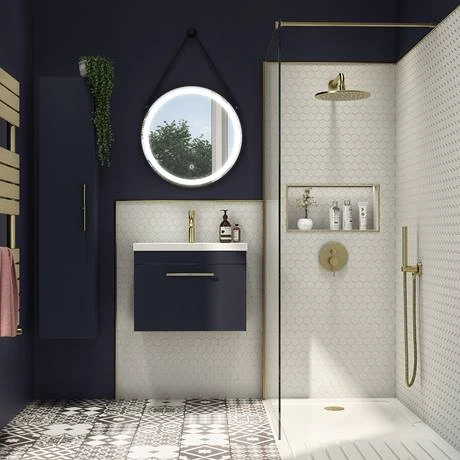 Arezzo Wall Hung Vanity Unit - Matt Blue - 500mm with Industrial Style Brushed Brass Handle 6 Arezzo Wall Hung Vanity Unit - Matt Blue - 500mm with Industrial Style Brushed Brass Handle - Image 4