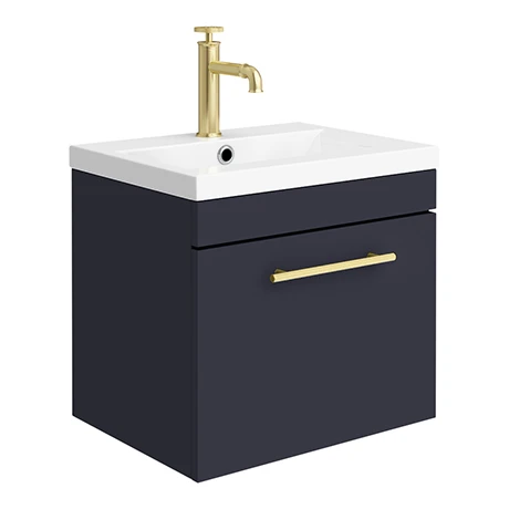 Arezzo Wall Hung Vanity Unit - Matt Blue - 500mm with Industrial Style Brushed Brass Handle 3 Arezzo Wall Hung Vanity Unit - Matt Blue - 500mm with Industrial Style Brushed Brass Handle