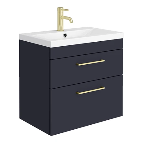 Arezzo 600 Matt Blue Wall Hung 2-Drawers Vanity Unit with Brushed Brass Handles 3 Arezzo 600 Matt Blue Wall Hung 2-Drawers Vanity Unit with Brushed Brass Handles