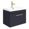 Arezzo Wall Hung Vanity Unit - Matt Blue - 600mm with Industrial Style Brushed Brass Handle -Wall Hung Vanity Units Shop AZB6WHVBBIS p