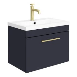 Arezzo Wall Hung Vanity Unit - Matt Blue - 600mm with Industrial Style Brushed Brass Handle