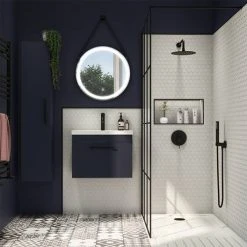 Arezzo Wall Hung Vanity Unit - Matt Blue - 600mm with Industrial Style Black Handle -Wall Hung Vanity Units Shop AZB6WHVBKIS d3 460