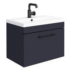 Arezzo Wall Hung Vanity Unit - Matt Blue - 600mm with Industrial Style Black Handle