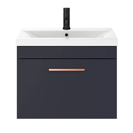 Arezzo 600 Matt Blue Wall Hung 1-Drawer Vanity Unit with Rose Gold Handle 7 Arezzo 600 Matt Blue Wall Hung 1-Drawer Vanity Unit with Rose Gold Handle - Image 5