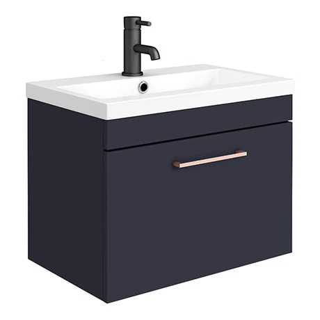Arezzo 600 Matt Blue Wall Hung 1-Drawer Vanity Unit with Rose Gold Handle 3 Arezzo 600 Matt Blue Wall Hung 1-Drawer Vanity Unit with Rose Gold Handle