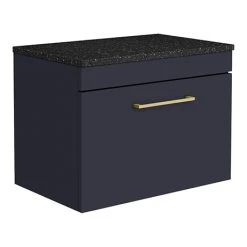 Arezzo Wall Hung Countertop Vanity Unit - Matt Blue - 600mm with Black Worktop & Brushed Brass Handle