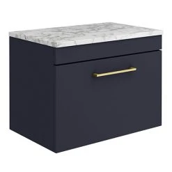 Arezzo Wall Hung Countertop Vanity Unit - Matt Blue - 600mm w. Matt White Marble Worktop & Brass Handle