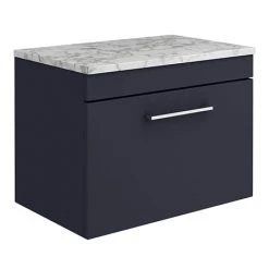 Arezzo Wall Hung Countertop Vanity Unit - Matt Blue - 600mm w. Matt White Marble Worktop & Chrome Handle
