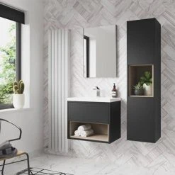 Arezzo Senza 500mm Matt Black / Vicenza Oak Wall Hung Vanity Unit with Open Shelf + Ceramic Basin 7 Arezzo Senza 500mm Matt Black / Vicenza Oak Wall Hung Vanity Unit with Open Shelf + Ceramic Basin -Wall Hung Vanity Units Shop AZBLAVO5 d1 460