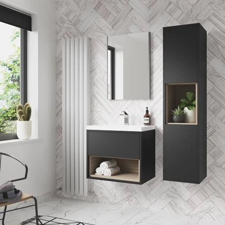Arezzo Senza 600mm Matt Black / Vicenza Oak Wall Hung Vanity Unit with Open Shelf + Ceramic Basin 6 Arezzo Senza 600mm Matt Black / Vicenza Oak Wall Hung Vanity Unit with Open Shelf + Ceramic Basin - Image 4