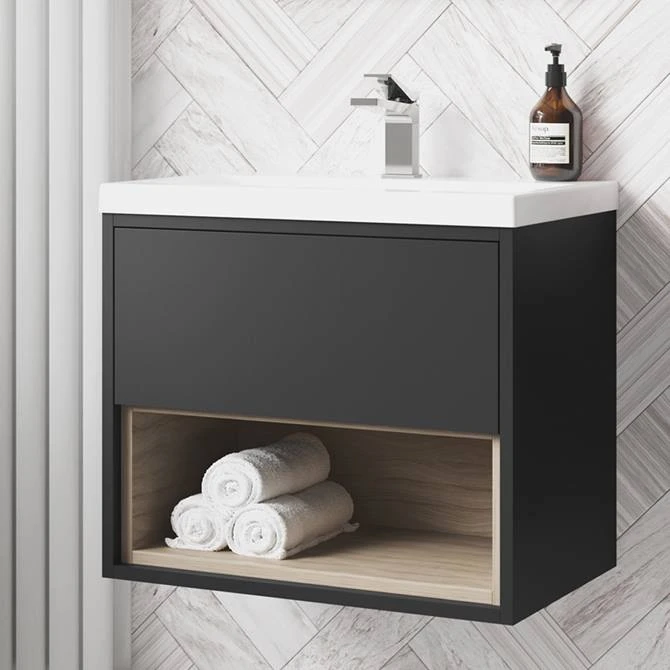 Arezzo Senza 600mm Matt Black / Vicenza Oak Wall Hung Vanity Unit with Open Shelf + Ceramic Basin 3 Arezzo Senza 600mm Matt Black / Vicenza Oak Wall Hung Vanity Unit with Open Shelf + Ceramic Basin