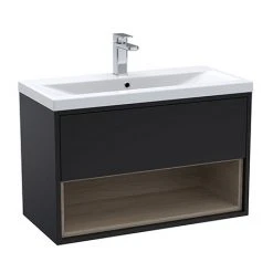 Arezzo Senza 800mm Matt Black / Vicenza Oak Wall Hung Vanity Unit with Open Shelf + Ceramic Basin
