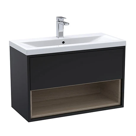 Arezzo Senza 800mm Matt Black / Vicenza Oak Wall Hung Vanity Unit with Open Shelf + Ceramic Basin 3 Arezzo Senza 800mm Matt Black / Vicenza Oak Wall Hung Vanity Unit with Open Shelf + Ceramic Basin
