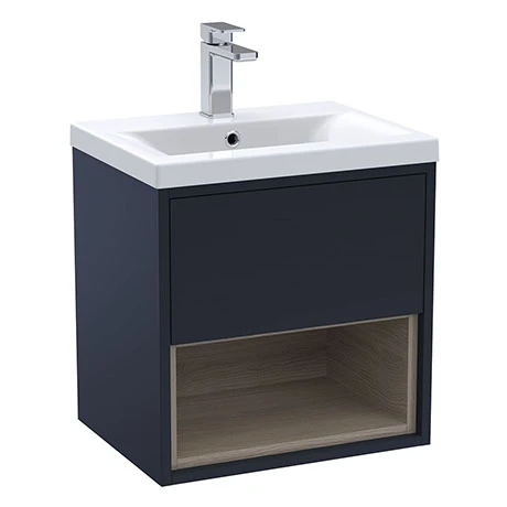 Arezzo Senza 500mm Matt Blue / Vicenza Oak Wall Hung Vanity Unit with Open Shelf + Ceramic Basin 3 Arezzo Senza 500mm Matt Blue / Vicenza Oak Wall Hung Vanity Unit with Open Shelf + Ceramic Basin