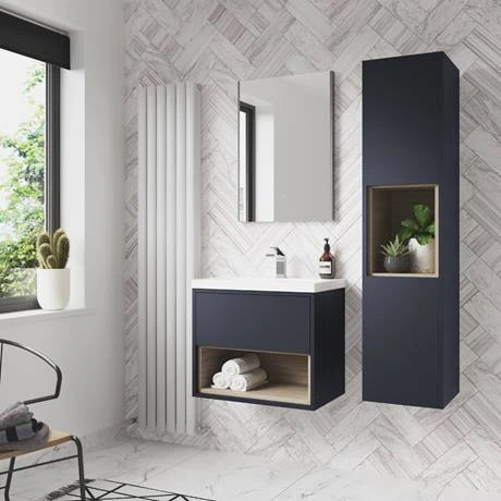 Arezzo Senza 600mm Matt Blue / Vicenza Oak Wall Hung Vanity Unit with Open Shelf + Ceramic Basin 6 Arezzo Senza 600mm Matt Blue / Vicenza Oak Wall Hung Vanity Unit with Open Shelf + Ceramic Basin - Image 4