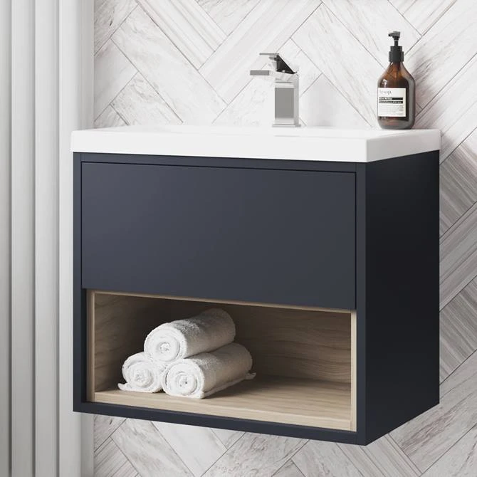 Arezzo Senza 600mm Matt Blue / Vicenza Oak Wall Hung Vanity Unit with Open Shelf + Ceramic Basin 3 Arezzo Senza 600mm Matt Blue / Vicenza Oak Wall Hung Vanity Unit with Open Shelf + Ceramic Basin