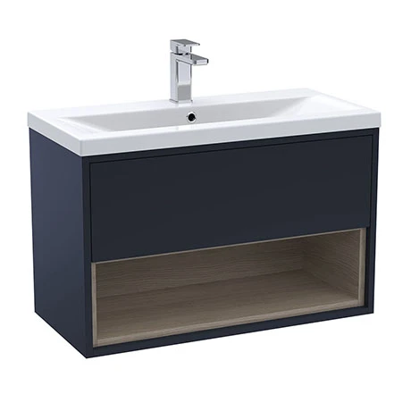 Arezzo Senza 800mm Matt Blue / Vicenza Oak Wall Hung Vanity Unit with Open Shelf + Ceramic Basin 3 Arezzo Senza 800mm Matt Blue / Vicenza Oak Wall Hung Vanity Unit with Open Shelf + Ceramic Basin