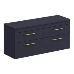 Arezzo Matt Blue Wall Hung 4 Drawer Double Countertop Vanity Unit (1200mm w. Brushed Brass Handles)