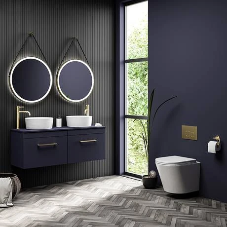 Arezzo Matt Blue Wall Hung Double Countertop Vanity Unit incl. 2 Basins (1200mm w. Brushed Brass Handles) 8 Arezzo Matt Blue Wall Hung Double Countertop Vanity Unit incl. 2 Basins (1200mm w. Brushed Brass Handles) - Image 6