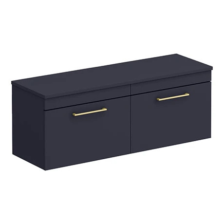 Arezzo Matt Blue Wall Hung Double Countertop Vanity Unit (1200mm w. Brushed Brass Handles) 3 Arezzo Matt Blue Wall Hung Double Countertop Vanity Unit (1200mm w. Brushed Brass Handles)