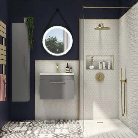Arezzo Wall Hung Vanity Unit - Matt Grey - 500mm with Industrial Style Brushed Brass Handle 6 Arezzo Wall Hung Vanity Unit - Matt Grey - 500mm with Industrial Style Brushed Brass Handle - Image 4