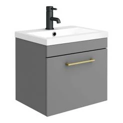Arezzo 500 Matt Grey Wall Hung 1-Drawer Vanity Unit with Brushed Brass Handle