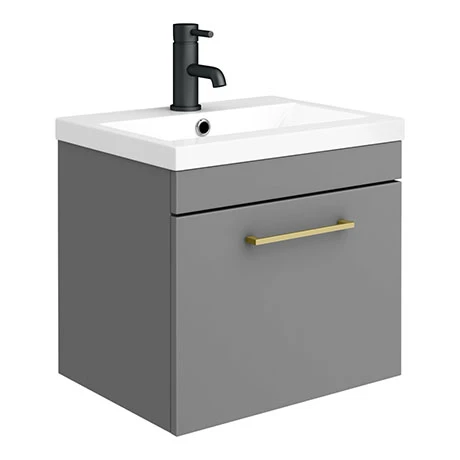 Arezzo 500 Matt Grey Wall Hung 1-Drawer Vanity Unit with Brushed Brass Handle 3 Arezzo 500 Matt Grey Wall Hung 1-Drawer Vanity Unit with Brushed Brass Handle