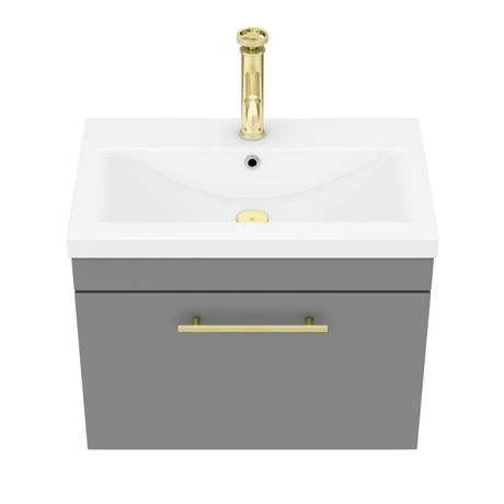 Arezzo Wall Hung Vanity Unit - Matt Grey - 600mm with Industrial Style Brushed Brass Handle 8 Arezzo Wall Hung Vanity Unit - Matt Grey - 600mm with Industrial Style Brushed Brass Handle - Image 6