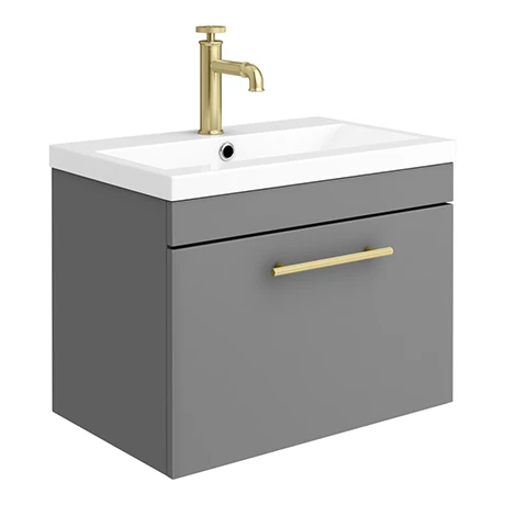 Arezzo Wall Hung Vanity Unit - Matt Grey - 600mm with Industrial Style Brushed Brass Handle 3 Arezzo Wall Hung Vanity Unit - Matt Grey - 600mm with Industrial Style Brushed Brass Handle