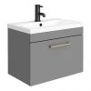 Arezzo 600 Matt Grey Wall Hung 1-Drawer Vanity Unit with Brushed Brass Handle -Wall Hung Vanity Units Shop AZG6WHVBB np