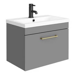 Arezzo 600 Matt Grey Wall Hung 1-Drawer Vanity Unit with Brushed Brass Handle