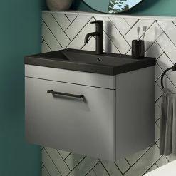 Arezzo 600 Matt Grey Wall Hung Vanity Unit with Matt Black Basin + Black Handle