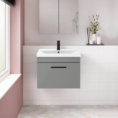 Arezzo 600 Matt Grey Wall Hung 1-Drawer Vanity Unit with Matt Black Handle 5 Arezzo 600 Matt Grey Wall Hung 1-Drawer Vanity Unit with Matt Black Handle - Image 3