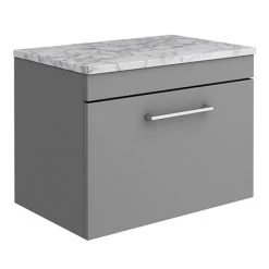Arezzo Wall Hung Countertop Vanity Unit - Matt Grey - 600mm w. Matt White Marble Worktop & Chrome Handle