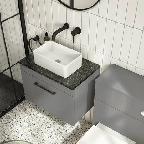 Arezzo Wall Hung Countertop Vanity Unit - Matt Grey - 600mm with Black Worktop & Matt Black Handle 6 Arezzo Wall Hung Countertop Vanity Unit - Matt Grey - 600mm with Black Worktop & Matt Black Handle - Image 4
