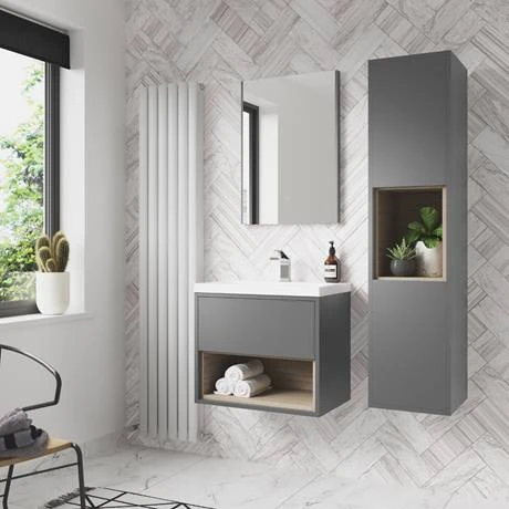 Arezzo Senza 500mm Matt Grey / Vicenza Oak Wall Hung Vanity Unit with Open Shelf + Ceramic Basin 5 Arezzo Senza 500mm Matt Grey / Vicenza Oak Wall Hung Vanity Unit with Open Shelf + Ceramic Basin - Image 3