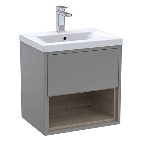 Arezzo Senza 500mm Matt Grey / Vicenza Oak Wall Hung Vanity Unit with Open Shelf + Ceramic Basin 3 Arezzo Senza 500mm Matt Grey / Vicenza Oak Wall Hung Vanity Unit with Open Shelf + Ceramic Basin