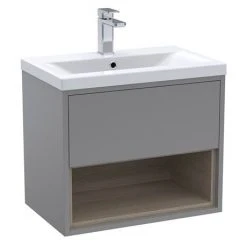 Arezzo Senza 600mm Matt Grey / Vicenza Oak Wall Hung Vanity Unit with Open Shelf + Ceramic Basin -Wall Hung Vanity Units Shop AZGREVO6 D1A 460