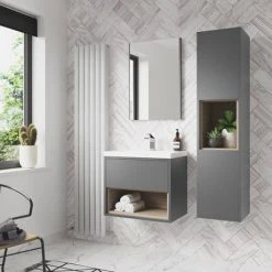 Arezzo Senza 600mm Matt Grey / Vicenza Oak Wall Hung Vanity Unit with Open Shelf + Ceramic Basin -Wall Hung Vanity Units Shop AZGREVO6 D2A 460