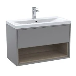 Arezzo Senza 800mm Matt Grey / Vicenza Oak Wall Hung Vanity Unit with Open Shelf + Ceramic Basin