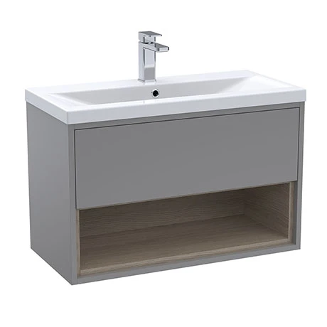 Arezzo Senza 800mm Matt Grey / Vicenza Oak Wall Hung Vanity Unit with Open Shelf + Ceramic Basin 3 Arezzo Senza 800mm Matt Grey / Vicenza Oak Wall Hung Vanity Unit with Open Shelf + Ceramic Basin