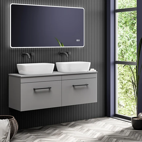 Arezzo Matt Grey Wall Hung Double Countertop Vanity Unit incl. 2 Basins (1200mm w. Matt Black Handles) 3 Arezzo Matt Grey Wall Hung Double Countertop Vanity Unit incl. 2 Basins (1200mm w. Matt Black Handles)