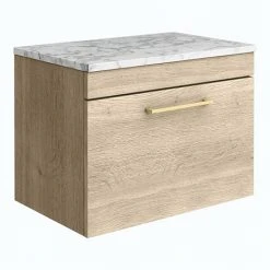 Arezzo Wall Hung Countertop Vanity Unit - Rustic Oak - 600mm w. Matt White Marble Worktop & Brass Handle