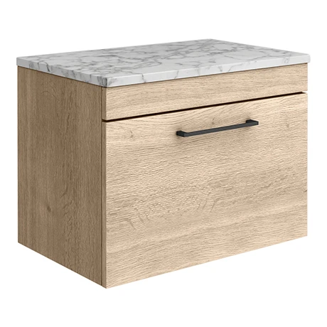 Arezzo Wall Hung Countertop Vanity Unit - Rustic Oak - 600mm w. Matt White Marble Worktop & Matt Black Handle 3 Arezzo Wall Hung Countertop Vanity Unit - Rustic Oak - 600mm w. Matt White Marble Worktop & Matt Black Handle